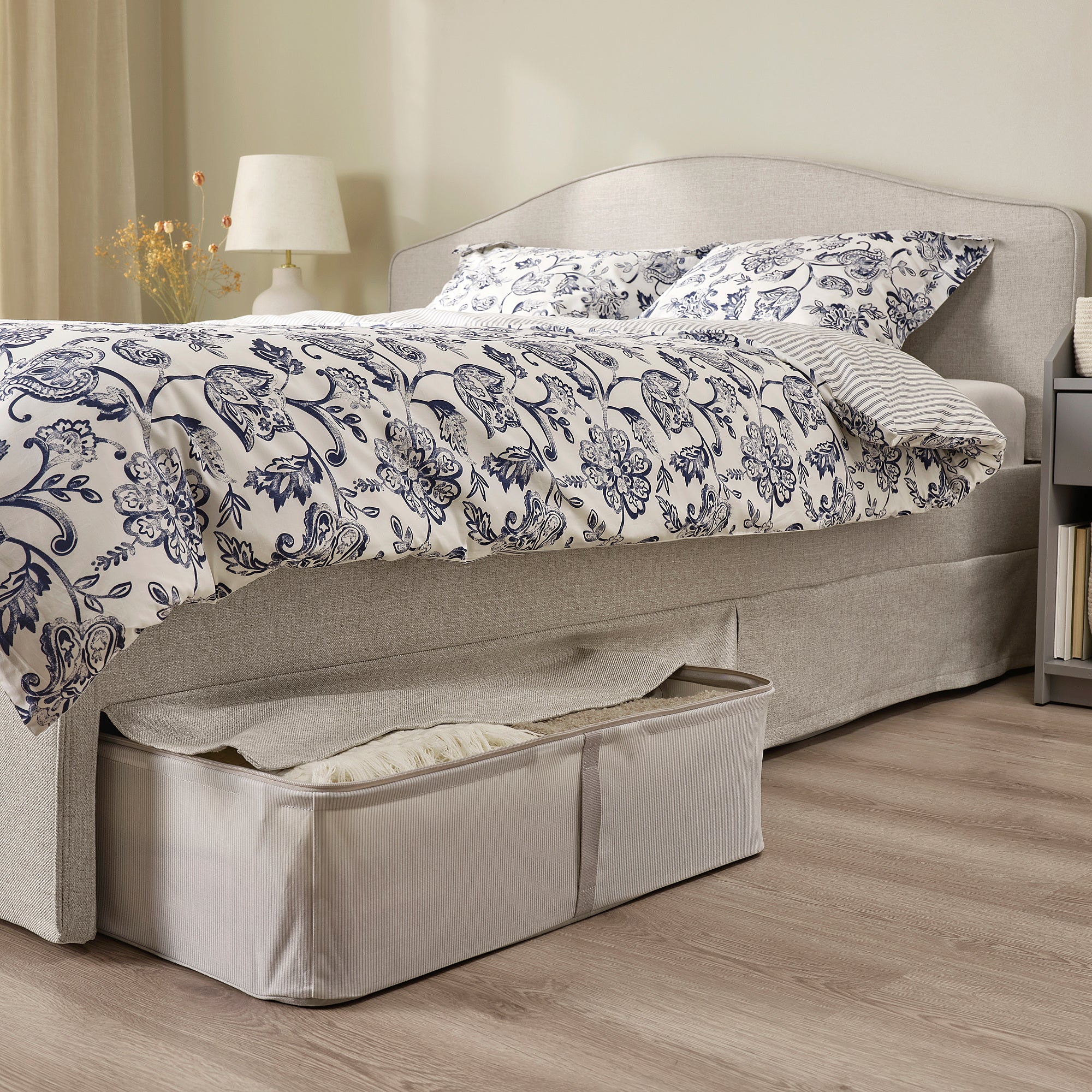 RAMNEFJÄLL upholstered bed frame, Kilanda light beige/Lindbåden, 140x200 cm
