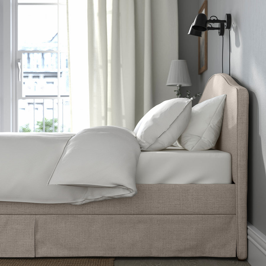 RAMNEFJÄLL upholstered bed frame, Kilanda light beige/Lindbåden, 160x200 cm