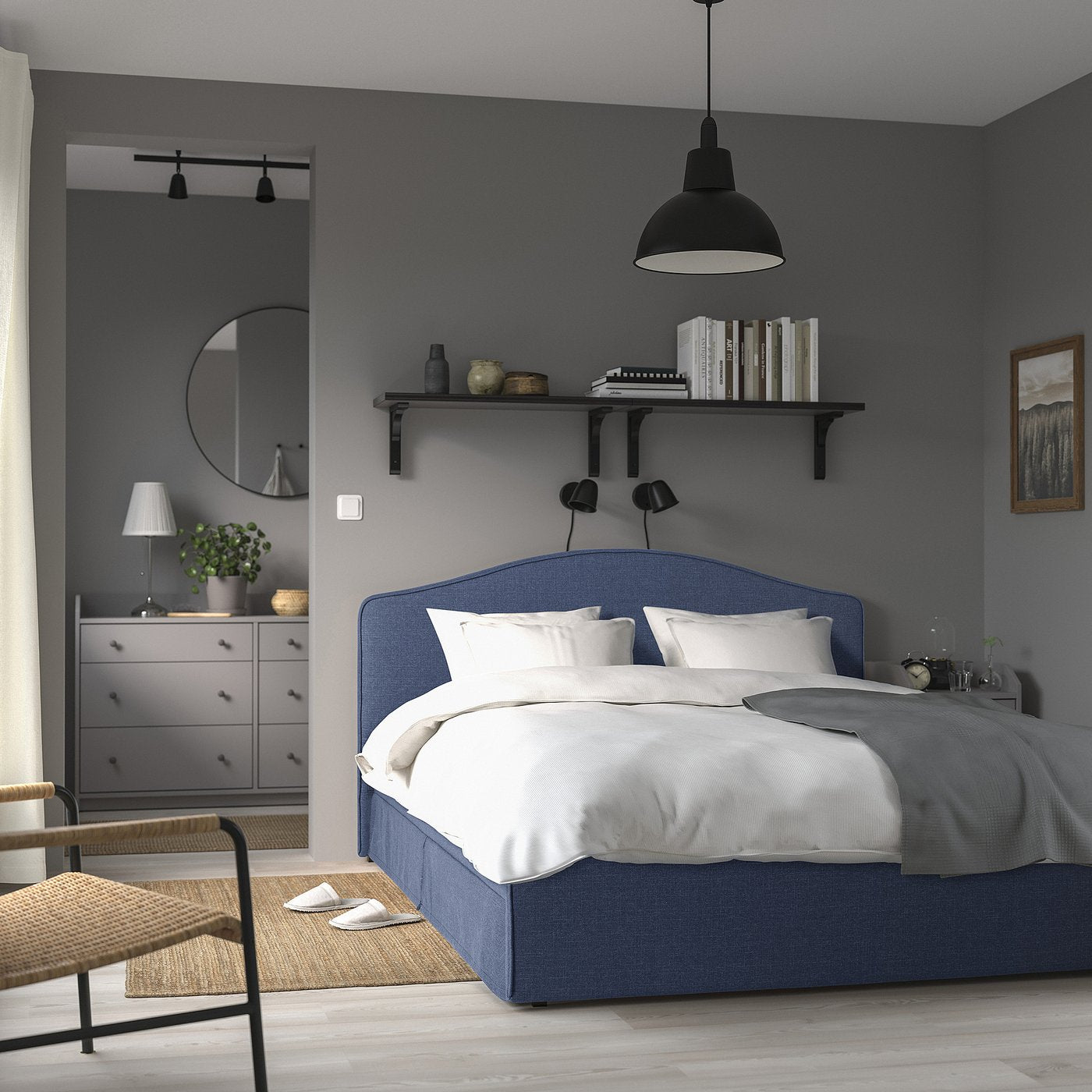 RAMNEFJÄLL upholstered bed frame, Kilanda dark blue/Luröy, 140x200 cm
