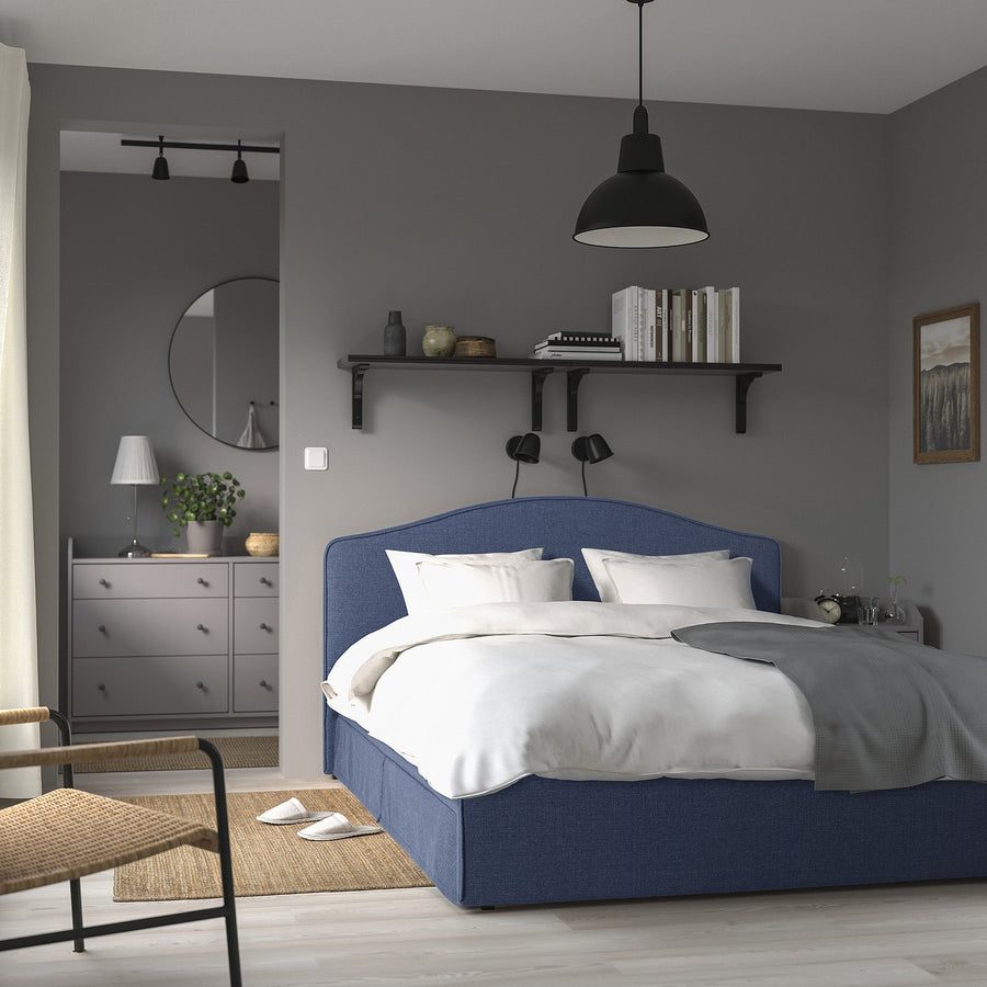 RAMNEFJÄLL upholstered bed frame, Kilanda dark blue/Luröy, 200x174 cm