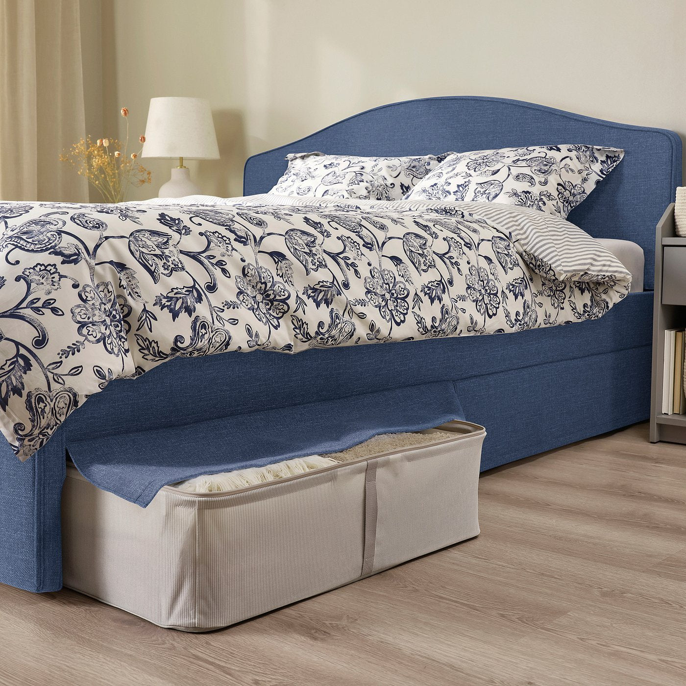 RAMNEFJÄLL upholstered bed frame, Kilanda dark blue/Luröy, 200x140 cm