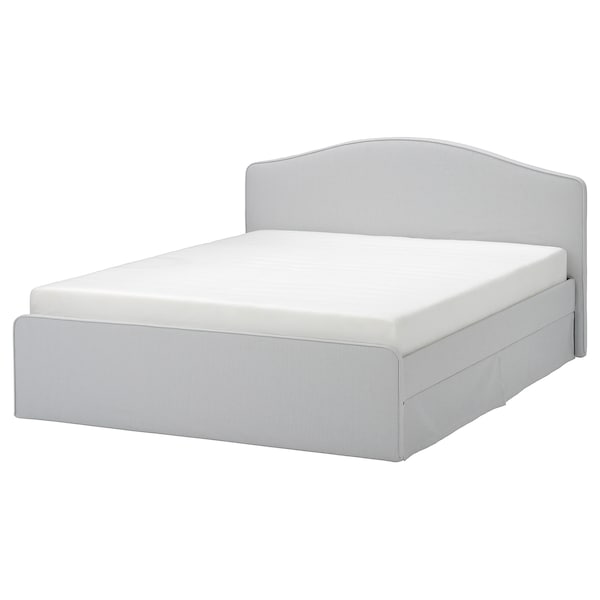 RAMNEFJÄLL - Upholstered bed frame, Klovsta grey/white/Lindbåden,160x200 cm