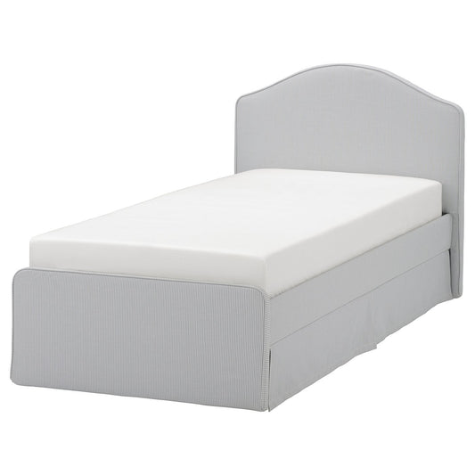 RAMNEFJÄLL upholstered bed frame, Klovsta grey/white/Lindbåden, 90x200 cm