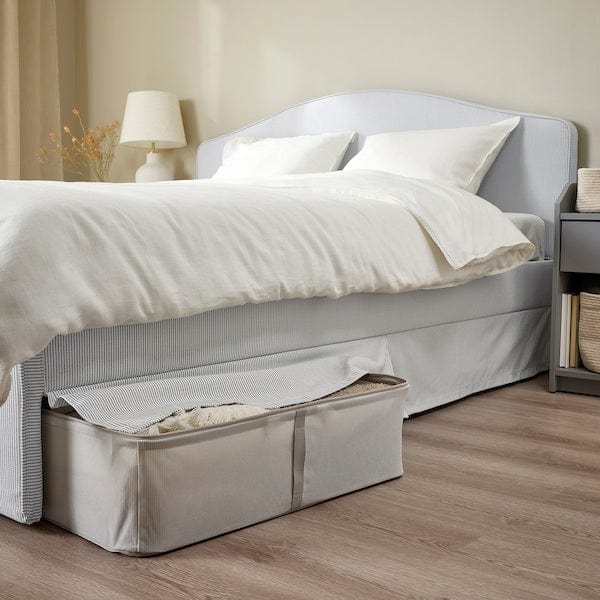 Ikea RAMNEFJÄLL - Upholstered bed frame, Klovsta grey/white/Lindbåden,140x200 cm