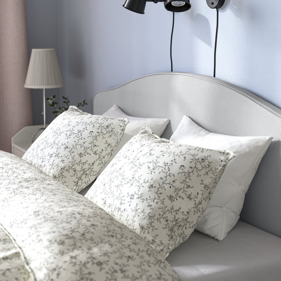 RAMNEFJÄLL upholstered bed frame, Klovsta grey/white/Lindbåden, 160x200 cm