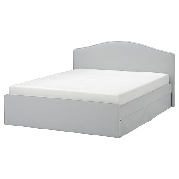 RAMNEFJÄLL upholstered bed frame, Klovsta grey/white/Luröy, 160x200 cm