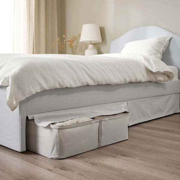 RAMNEFJÄLL upholstered bed frame, Klovsta grey/white/Luröy, 90x200 cm