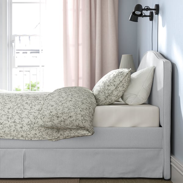 RAMNEFJÄLL upholstered bed frame, Klovsta grey/white, 160x200 cm