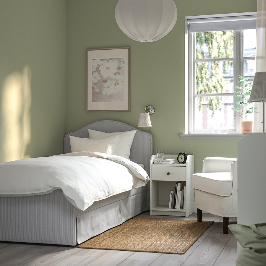 RAMNEFJÄLL upholstered bed frame, Klovsta grey/white/Lillhällan, 90x200 cm