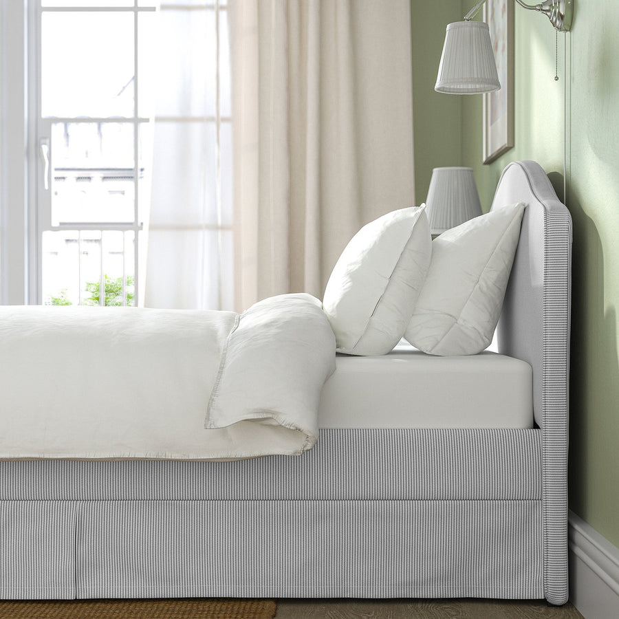 RAMNEFJÄLL upholstered bed frame, Klovsta grey/white/Lillhällan, 90x200 cm