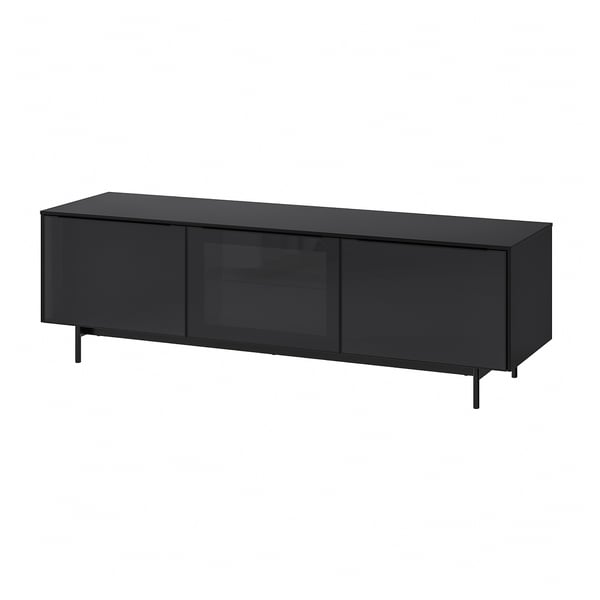 RANNÄS TV bench with doors, black/black glass