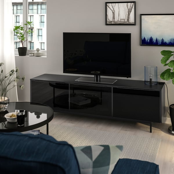 RANNÄS TV bench with doors, black/black glass