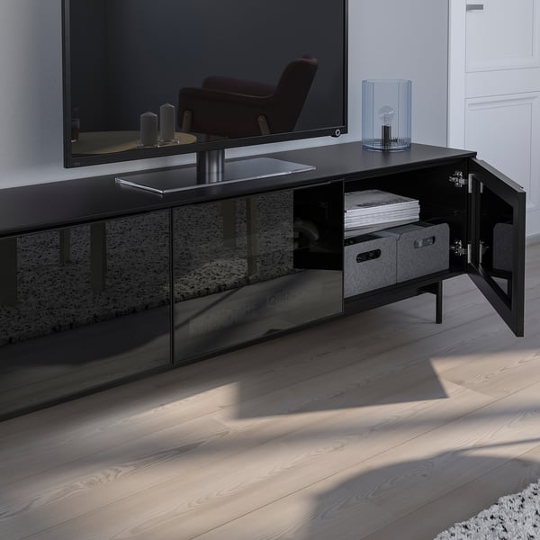 RANNÄS TV bench with doors, black/black glass