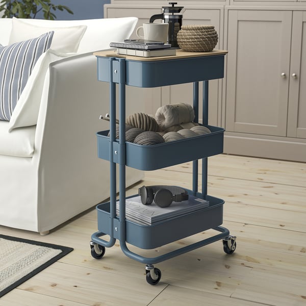 RÅSKOG / NORRÅVA - RÅSKOG / NORRÅVA Trolley with lid, grey-blue, 35x45x77 cm