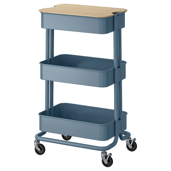 RÅSKOG / NORRÅVA - RÅSKOG / NORRÅVA Trolley with lid, grey-blue, 35x45x77 cm