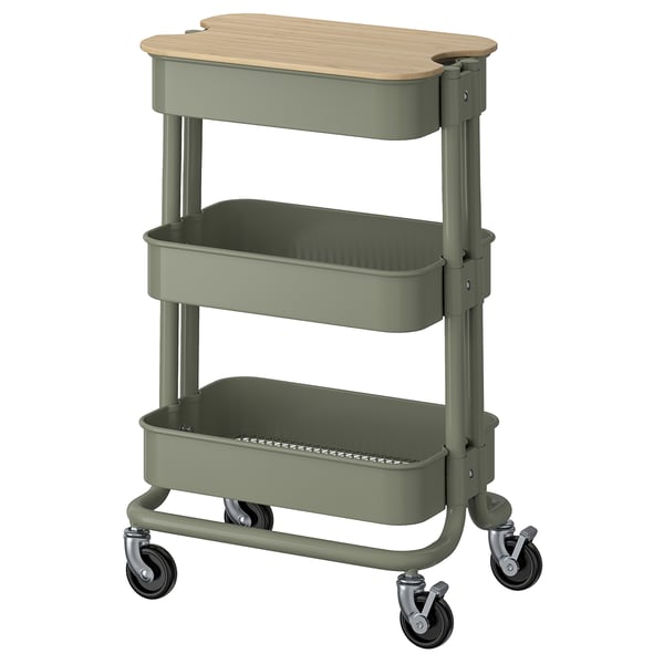 RÅSKOG / NORRÅVA trolley with lid, grey-green, 28x38x61 cm