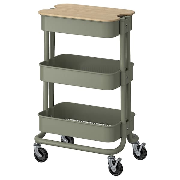 RÅSKOG / NORRÅVA - Trolley with lid, grey-green, 28x38x61 cm
