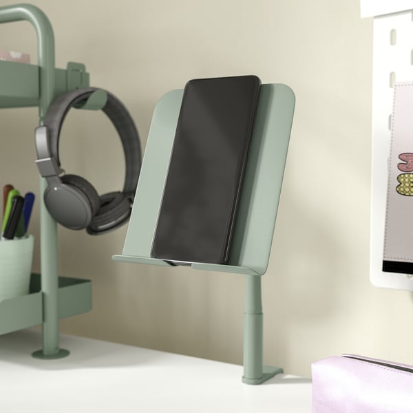 RELATERA phone/tablet holder, with clamp/light grey-green, 14x27x17 cm