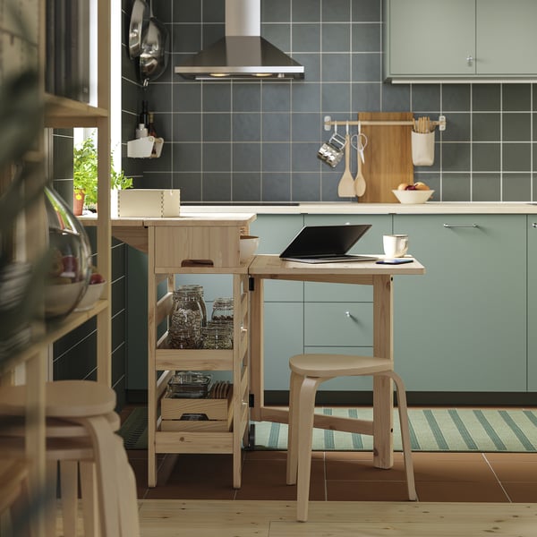 RESARÖ mobile drop-leaf table w storage, pine, 63x64 cm