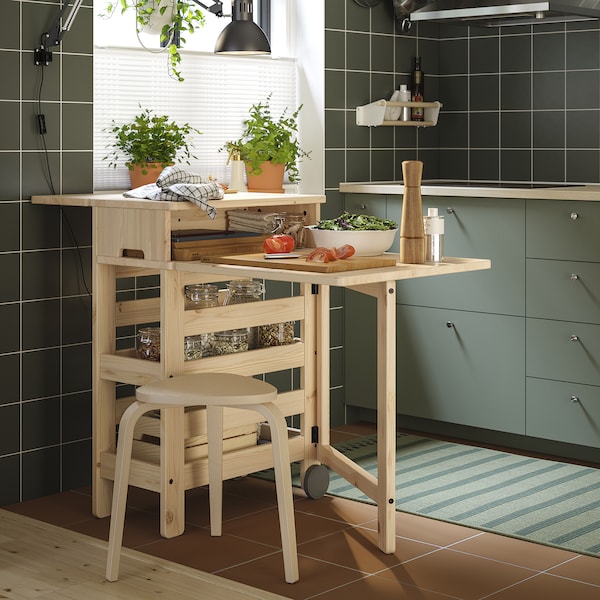 RESARÖ mobile drop-leaf table w storage, pine, 63x64 cm