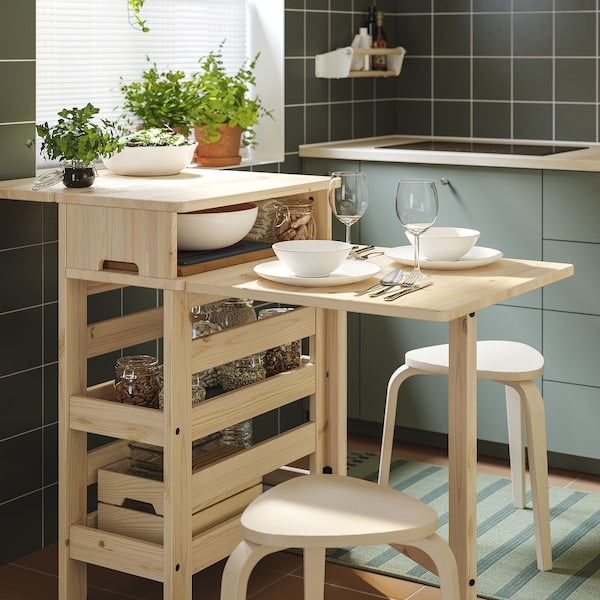 RESARÖ mobile drop-leaf table w storage, pine, 63x64 cm