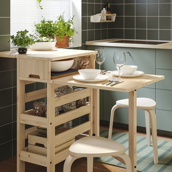 RESARÖ mobile drop-leaf table w storage, pine, 123x64 cm