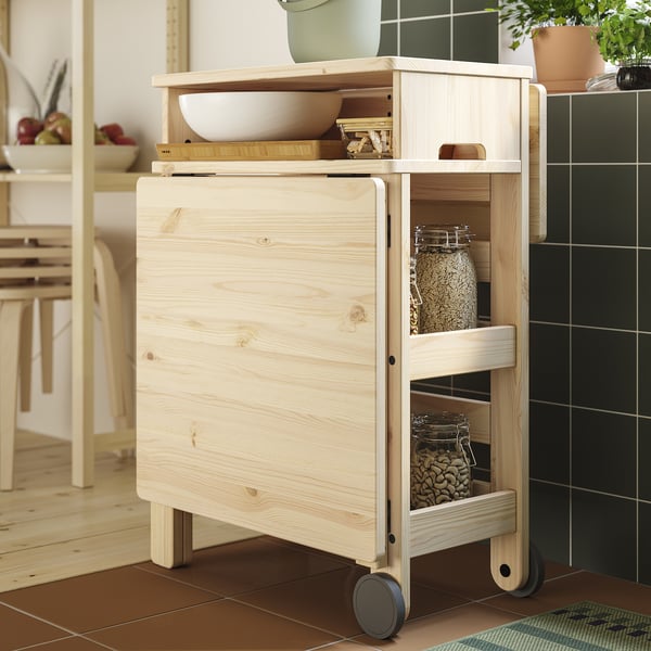 RESARÖ mobile drop-leaf table w storage, pine, 63x64 cm