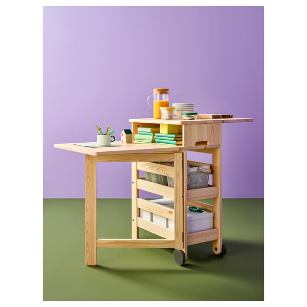 RESARÖ mobile drop-leaf table w storage, pine, 123x64 cm