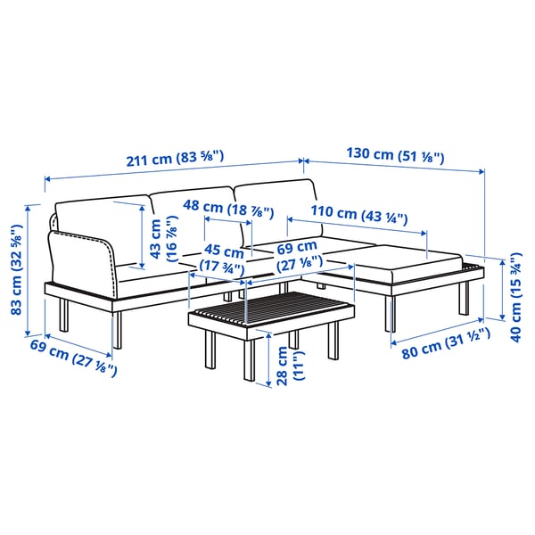 REVSKÄR 3-seat conversation set, outdoor anthracite/Frösön/Duvholmen dark grey, 211x65x130 cm