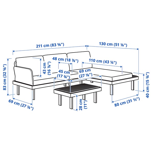 REVSKÄR 3-seat conversation set, outdoor anthracite/Frösön/Duvholmen dark grey, 211x65x130 cm