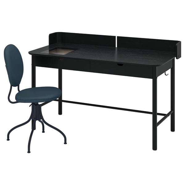 RIDSPÖ / BJÖRKBERGET desk and chair, anthracite/blue