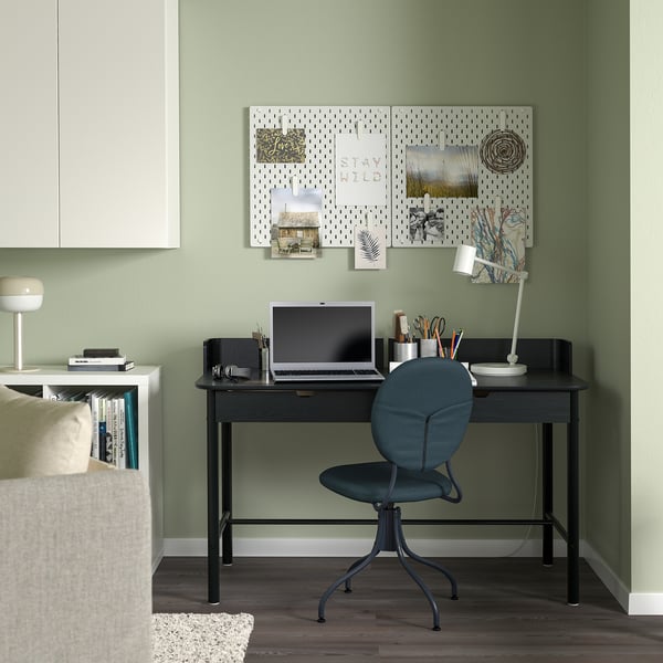 RIDSPÖ / BJÖRKBERGET desk and chair, anthracite/blue