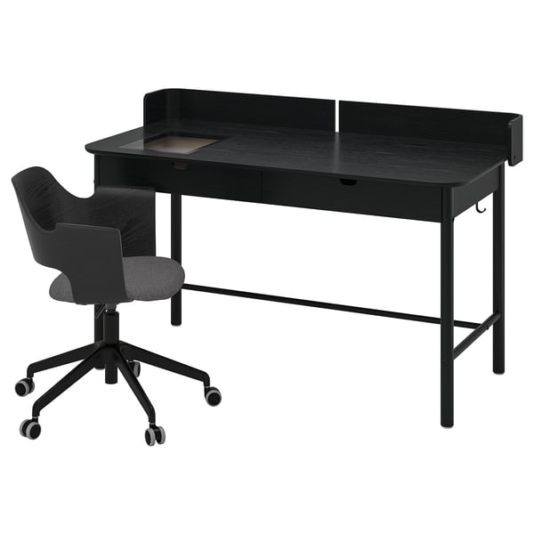 RIDSPÖ / FJÄLLBERGET desk and chair, anthracite black stained ash veneer/dark grey
