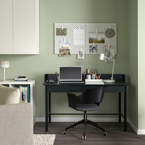 RIDSPÖ / FJÄLLBERGET desk and chair, anthracite black stained ash veneer/dark grey