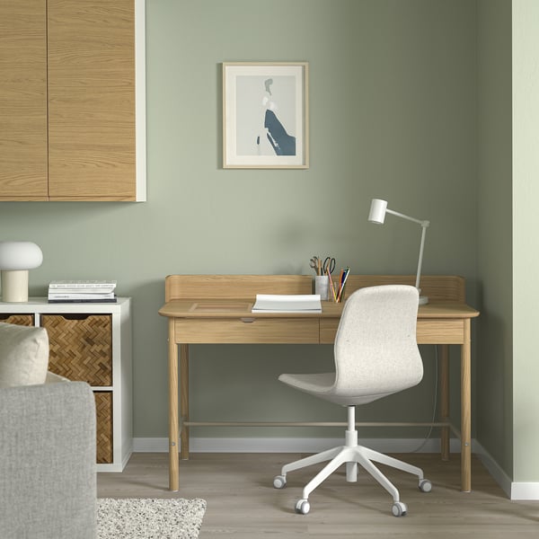 RIDSPÖ / LÅNGFJÄLL - Desk and chair, beige/white oak ,