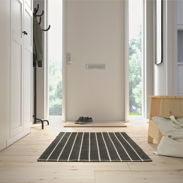 RIDSTIG rug, flatwoven, grey/off-white, 80x180 cm