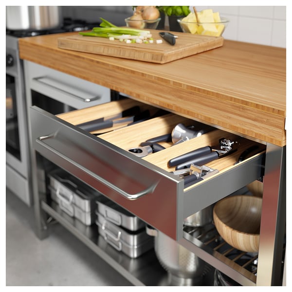 RIMFORSA work bench, stainless steel/bamboo, 120x63.5x92 cm