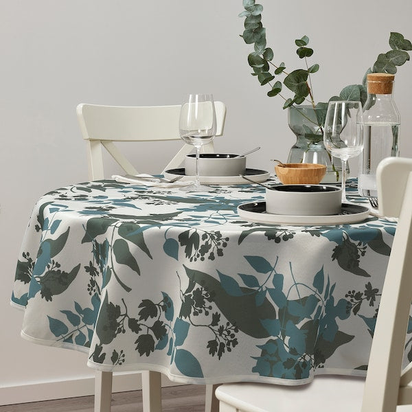 RINGBUK - Tablecloth, white green/blue/leaf, 150 cm