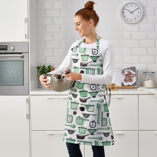 RINNIG apron, white/green/patterned