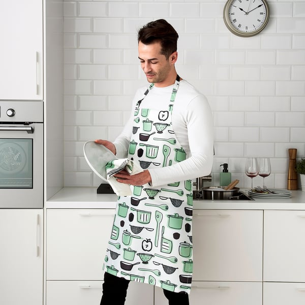 RINNIG apron, white/green/patterned