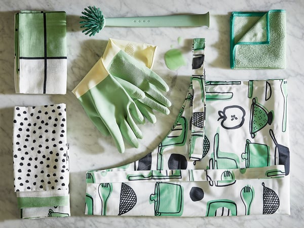 RINNIG apron, white/green/patterned
