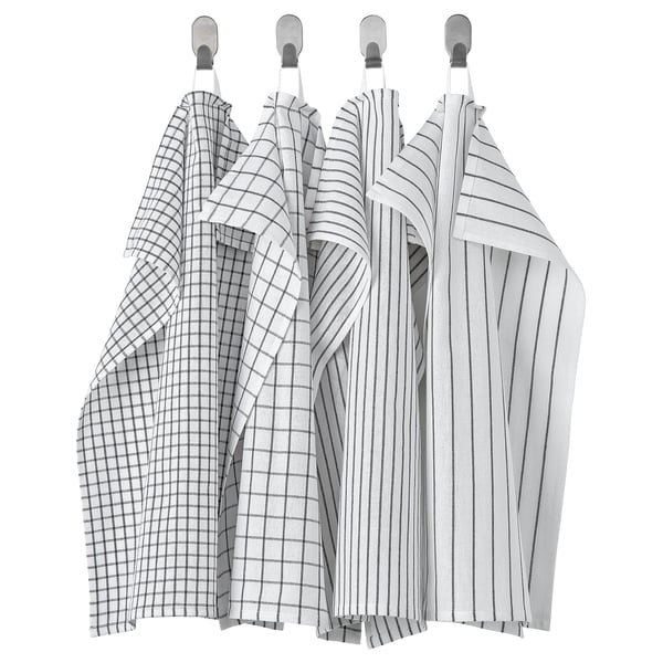 RINNIG tea towel, white/dark grey/patterned, 45x60 cm, 4 pack