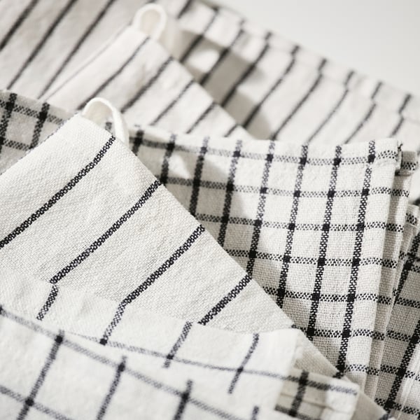RINNIG tea towel, white/dark grey/patterned, 45x60 cm, 4 pack