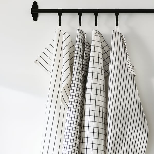 RINNIG tea towel, white/dark grey/patterned, 45x60 cm, 4 pack
