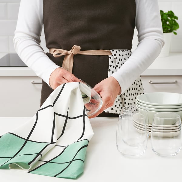 RINNIG - RINNIG Tea towel, white/green/patterned, 45x60 cm