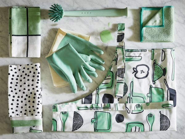 RINNIG - RINNIG Tea towel, white/green/patterned, 45x60 cm