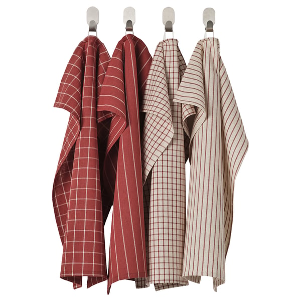 RINNIG tea towel, red/beige striped, 45x60 cm, 4 pack