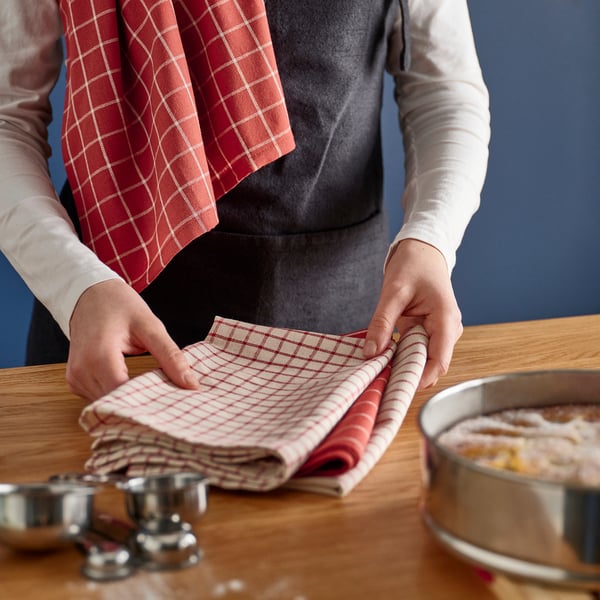 RINNIG tea towel, red/beige striped, 45x60 cm, 4 pack