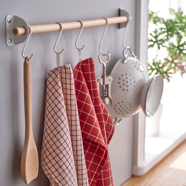 RINNIG tea towel, red/beige striped, 45x60 cm, 4 pack