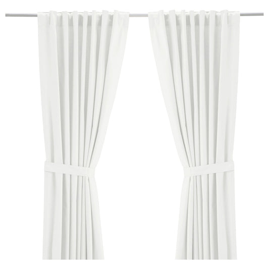 RITVA curtains with tie-backs, 1 pair, white/with heading tape, 145x300 cm